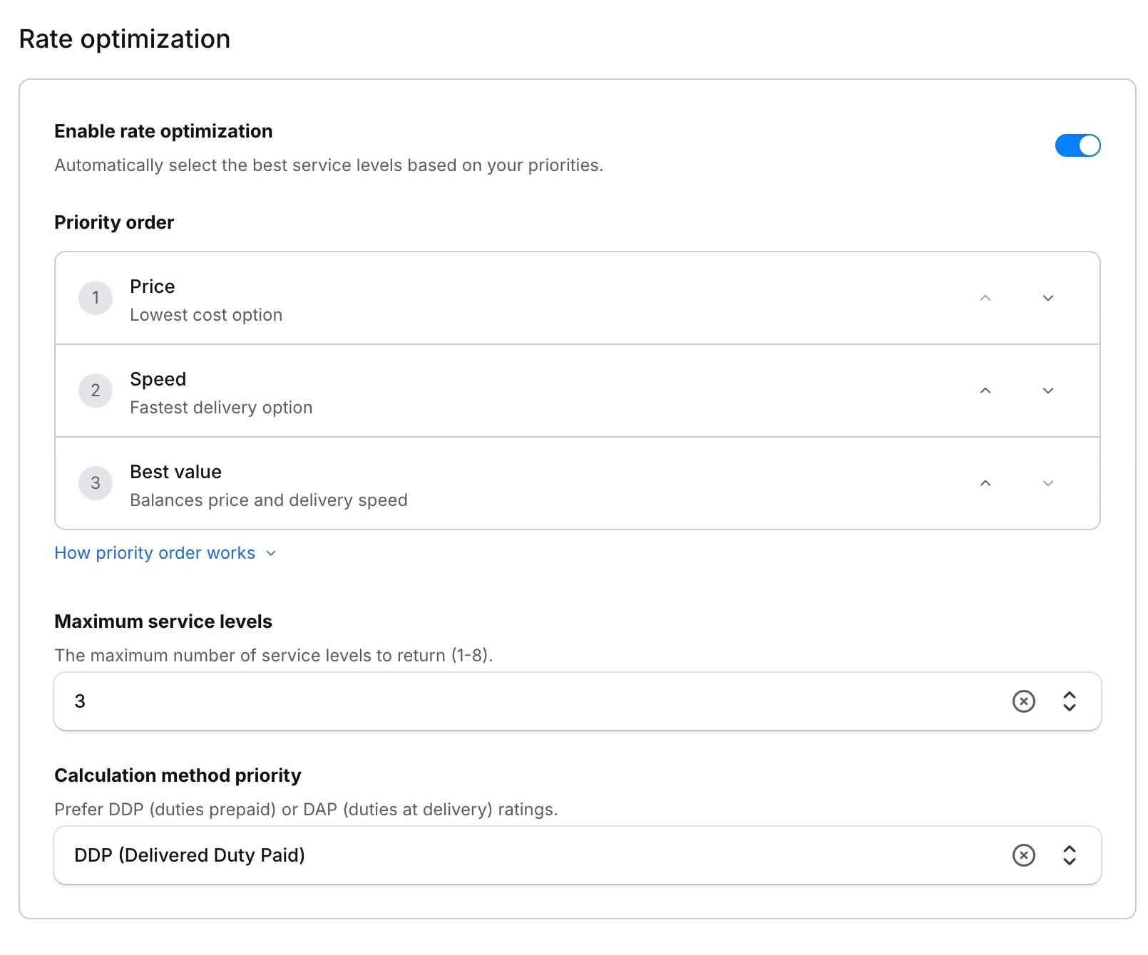 Rate optimization enabled showing priority order, max service levels, and calculation method
